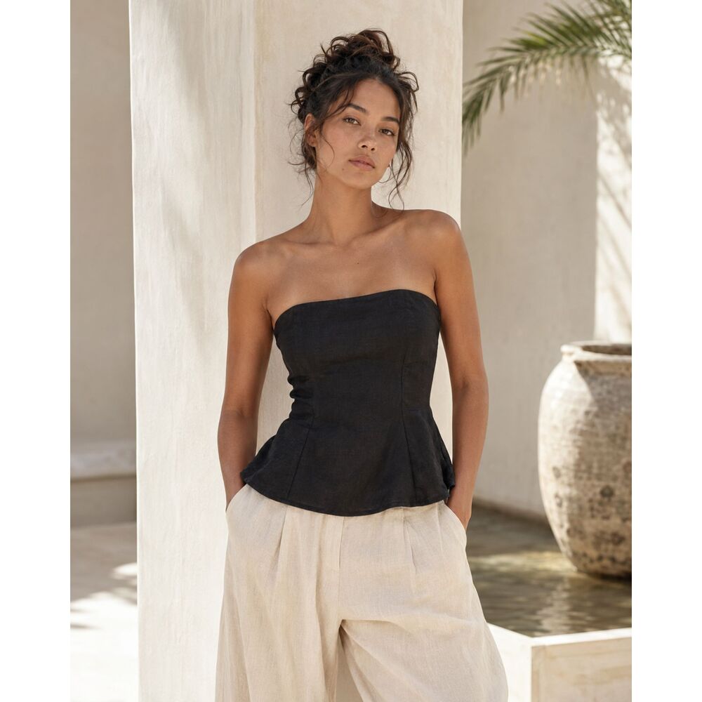 Bamboo Blonde 100% Linen Black Strapless Corset Peplum Top Women’s Size 10 Bali